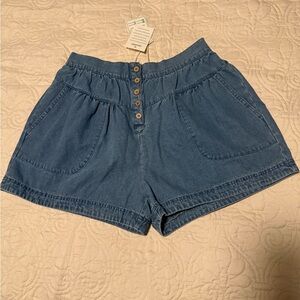 Very J Light Blue High-Waist Button Front Denim Shorts